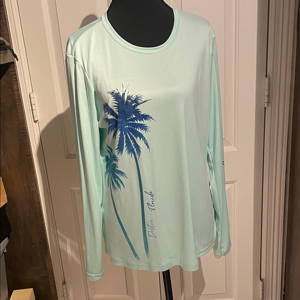 Mint Green Palm Tree Print Women's Top Sun/ Swim/Fishing Shirt (D)